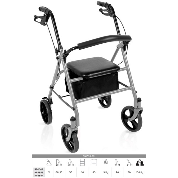 Rollator Deambulatore Girello per Anziani per Esterno modello TETI colore Argento