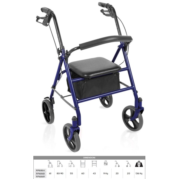 Rollator Deambulatore Girello per Anziani per Esterno modello TETI colore Blu