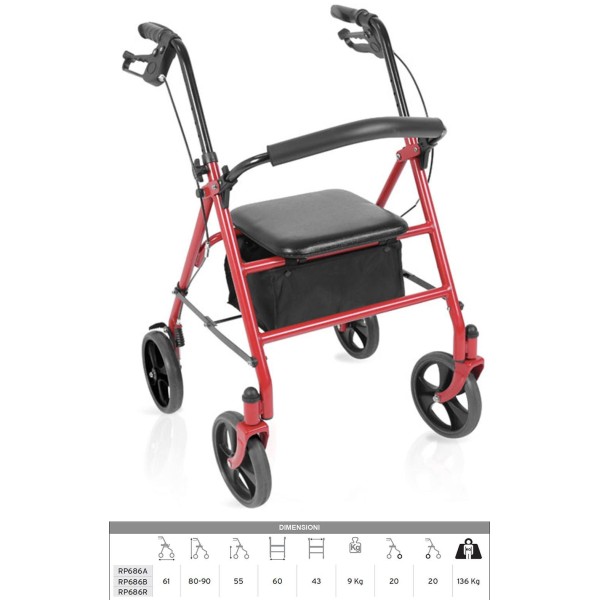 Rollator Deambulatore Girello per Anziani per Esterno modello TETI colore Rosso