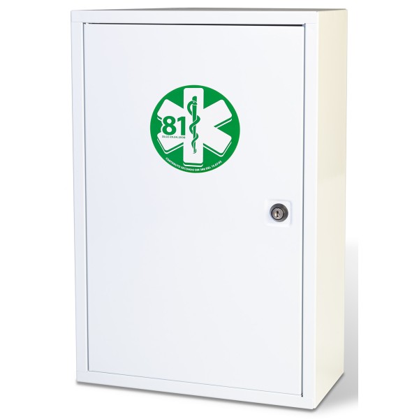 Armadietto di Pronto Soccorso in metallo bianco, 3 vani, 2 ripiani interni, serratura con chiave ALL. 1  DA 3 LAVORATORI 460x300