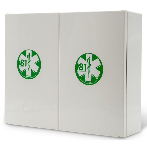 Armadietto di Pronto Soccorso in plastica bianco, 2 ante, 2 ripiani interni. ALL. 1 DA 3 LAVORATORI 450x375x130H mm
