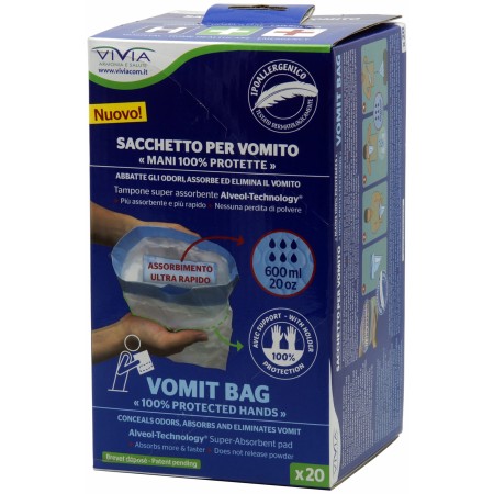 1 - Sacchetto assorbente per vomito (conf.20 pezzi indivisibile) 250×250 mm. 600 ml