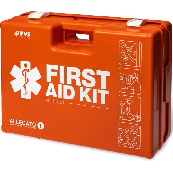 Valigetta di Pronto Soccorso Rossa aziende GRUPPO A e B attacco a parete ALL. 1 Cont. Magg. con divisori interni DA 3 LAVORATORI