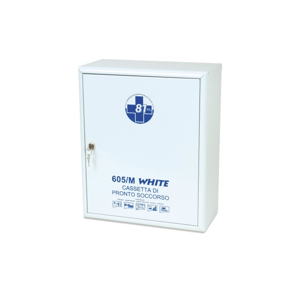 Armadietto di Pronto Soccorso in acciaio bianco tre ripiani serratura con chiave ALL. 1 contenuto maggiorato DA 3 LAVORATORI 402