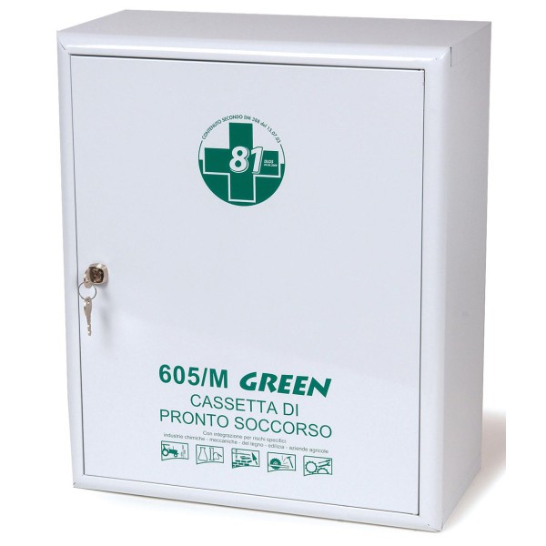 Armadietto di Pronto Soccorso in acciaio verde tre ripiani serratura con chiave ALL. 1 contenuto maggiorato DA 3 LAVORATORI 402x