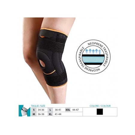 1 - Orione Safte Ginocchiera tutore gamba ortopedico Neoprene steccata con foro supporto rotuleo NERO