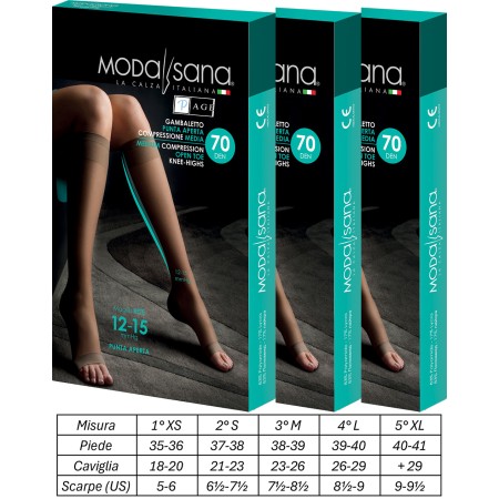 1 - 3 Paia di Modasana Gambaletti Punta Aperta 70 DEN Colore NERO Calze a compressione graduata 12/15 mmHg